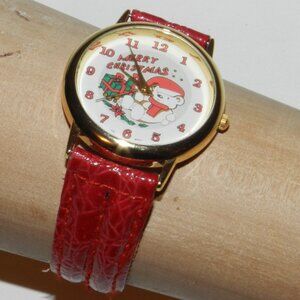 Vintage BECORA Watch Red Gold Tone Merry Christmas w/New Battery